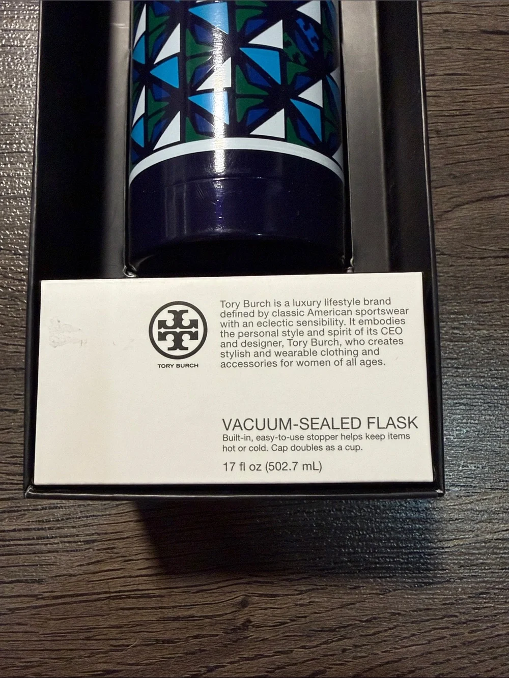 Tory Burch Blue & Teal Geometric Ceramic Flask